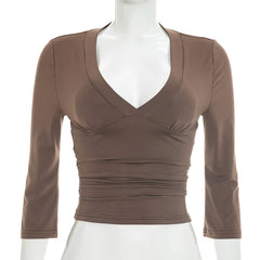 V Neck Three Quarter Sleeve Crop Top