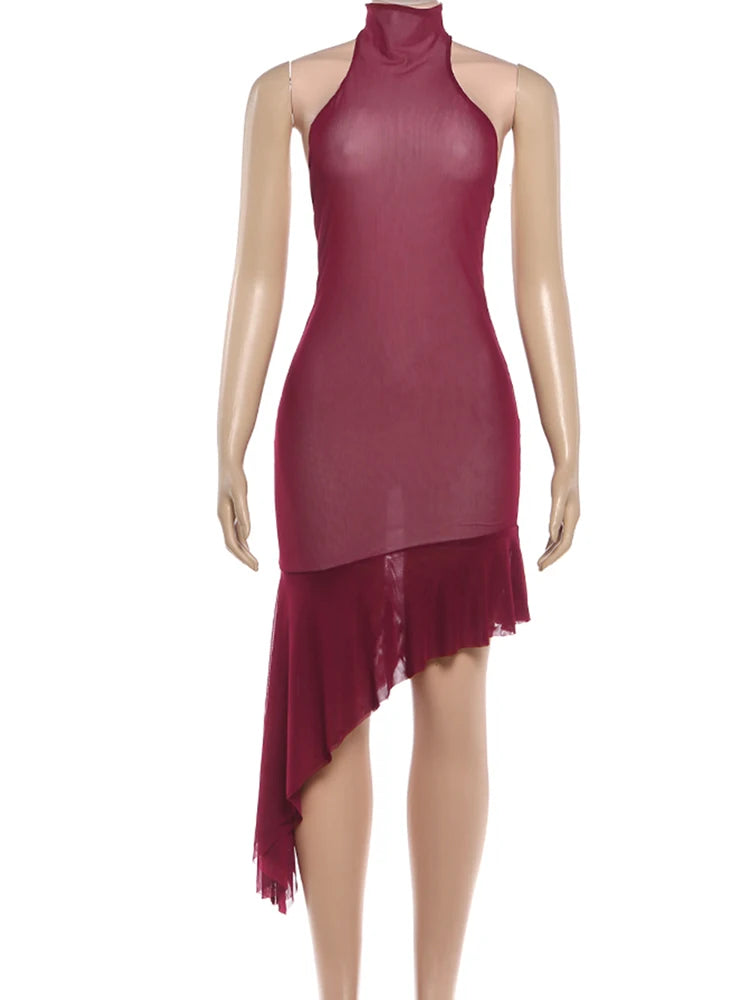 Mannequin wearing a burgundy dress with a high neckline and ruffled hem on a white background
