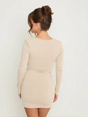 V-Neck Long Sleeve Ruched Drape Mini Dress