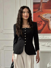 Square Collar Black Long Sleeve Jacket