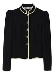 Front view of black trimmed stand collar jacket