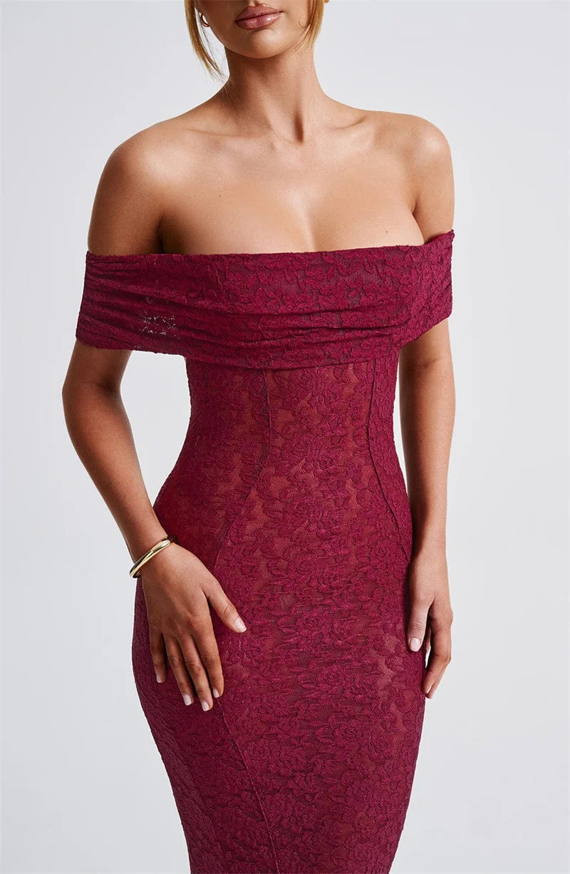 Burgundy off-shoulder dress on a plain background