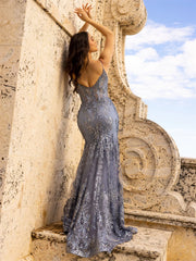 Grey Sequins Mermaid Prom Dress Lace Embroiderd Trumpet Dress