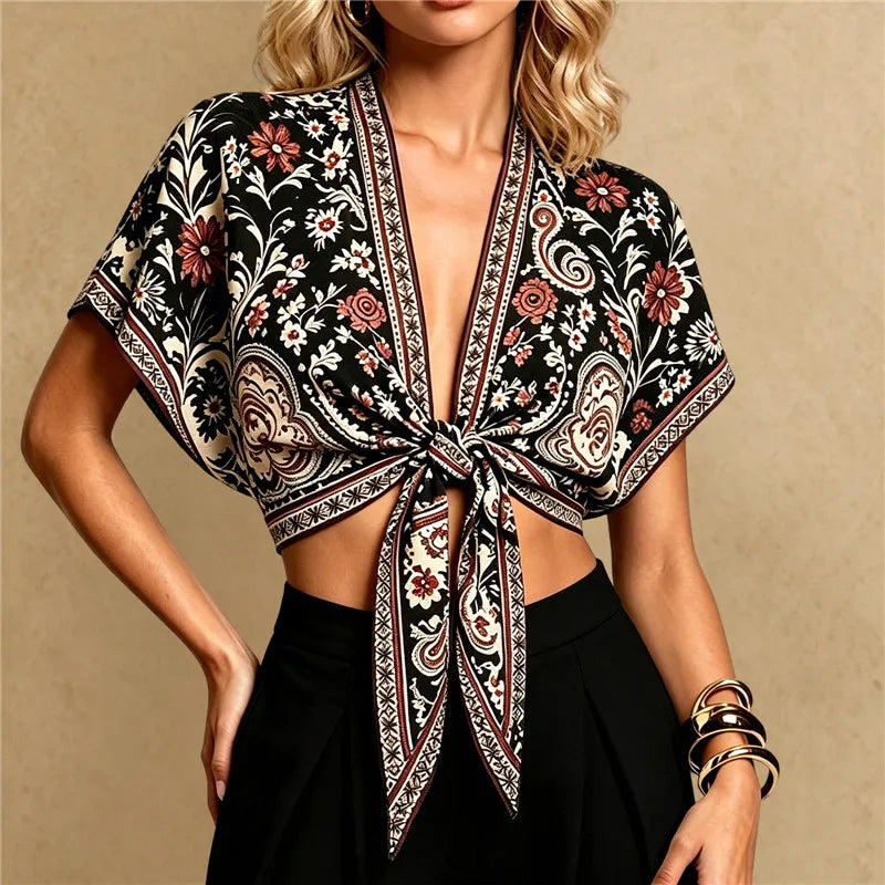 Black and red paisley print tie front v-neck top