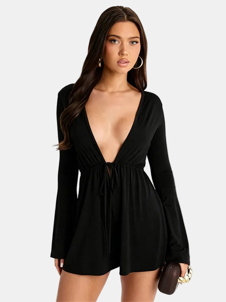 Plunge neck bell sleeve playsuit in black