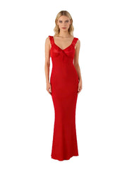 Red V-neck ruffled strap bow tie maxi dress worn by a model