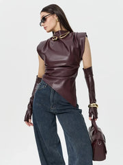 Faux Leather Folds Crop Tops With Gloves