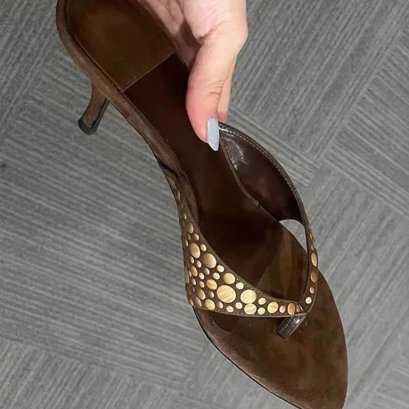 Brown studded thong kitten heel sandal