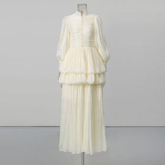 White Stand Collar Lantern Sleeve Maxi Dress