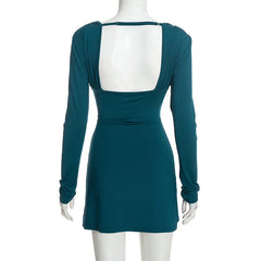 Solid Plunging Neckline Long Sleeve Mini Dress