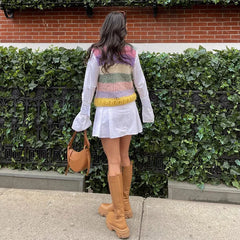  Woman wearing a Rainbow Striped Knitted Sleeveless Sweater