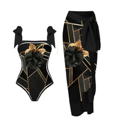 Tie-Strap V-Neck One-Piece Swimsuit with Matching Sarong Set