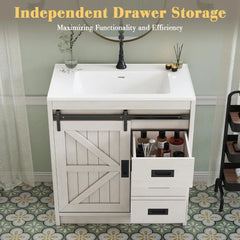"Modern rustic bathroom vanity with sliding barn door and sink"