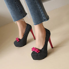 Black polka dot bow platform heels
