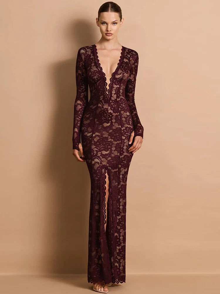 Burgundy lace plunge neck maxi dress with long sleeves and thigh slit