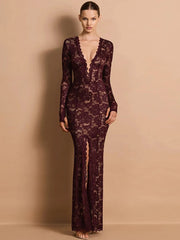 Burgundy lace plunge neck maxi dress with long sleeves and thigh slit