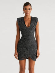 Draped Neck Mini Dress with structured shoulder and ruched skirt
