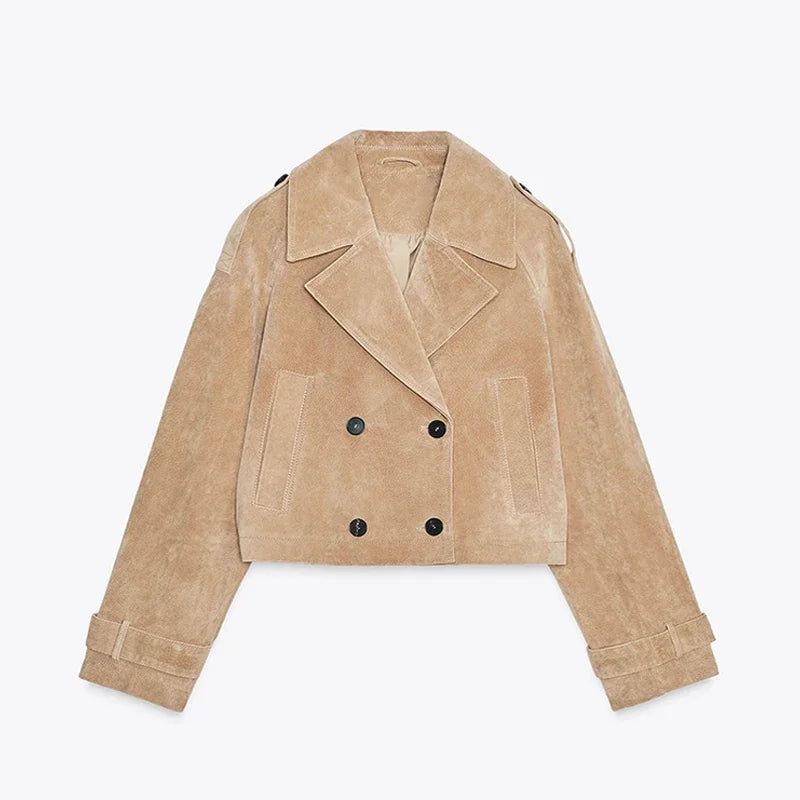 Beige suede jacket with black buttons