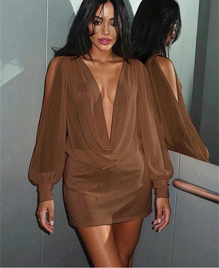 Brown knit mini dress with deep V-neck and long puff sleeves detail