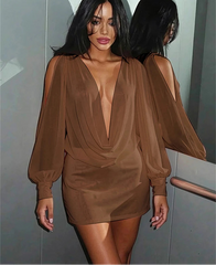 Brown knit mini dress with deep V-neck and long puff sleeves detail