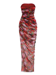 Strapless Red Floral Ruched Side Split Maxi Dress