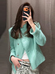Textured Cropped Fringed Collar Jacket