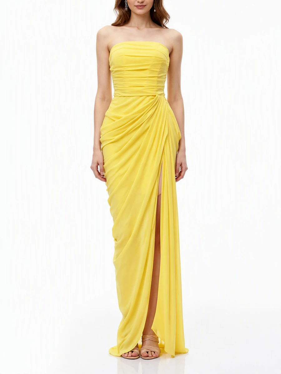 Strapless draped maxi dress in yellow