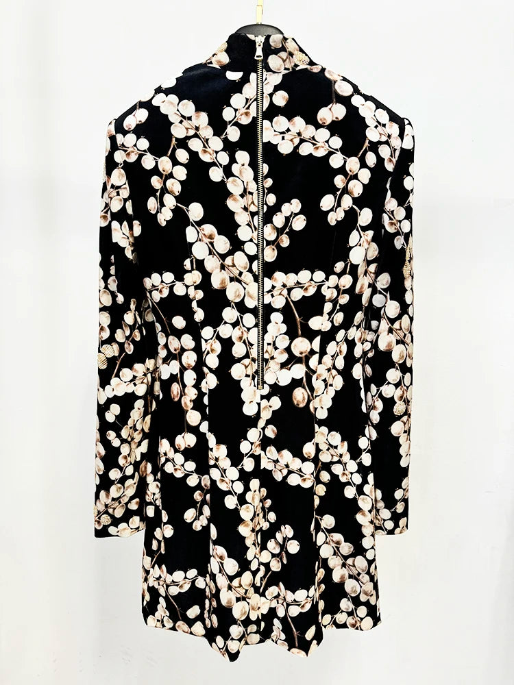 Velvet Beaded Berry Print Mock Neck Dress on a hanger (back view)