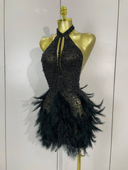 Beaded Feather Halter Sequin Mini Dress