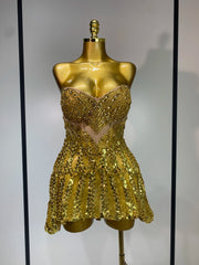 Strapless Sequined Diamond Embellished Mini Dress