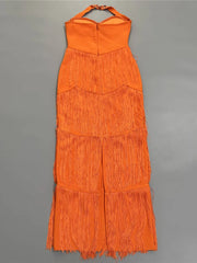 Beaded Halter Neck Fringe Maxi Dress
