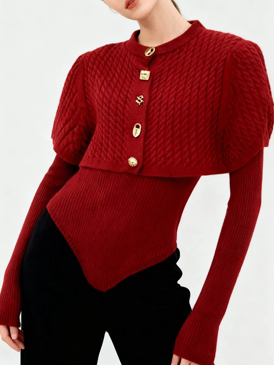 Shawl-layer O-neck long sleeve knit top with a slim silhouette