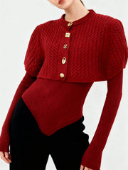 Shawl-layer O-neck long sleeve knit top with a slim silhouette