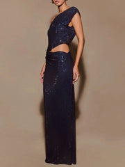 Navy blue sequin evening gown on a plain background