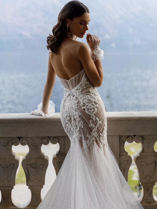 Sleeveless Open Back Lace Appliques Mermaid Long Bridal Gown