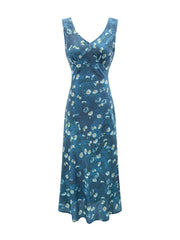 Blue V-Neck Sleeveless Floral Maxi Dress