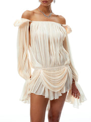Off-the-shoulder pleated mini dress with asymmetrical draping and puff sleeves