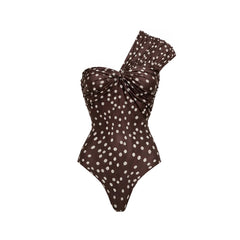 Brown and white polka dot one-shoulder one-piece swimsuit.