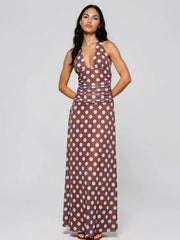 Polka dot deep v neck halter maxi dress front view