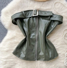 Women PU Leather Zipper Short Corset Top