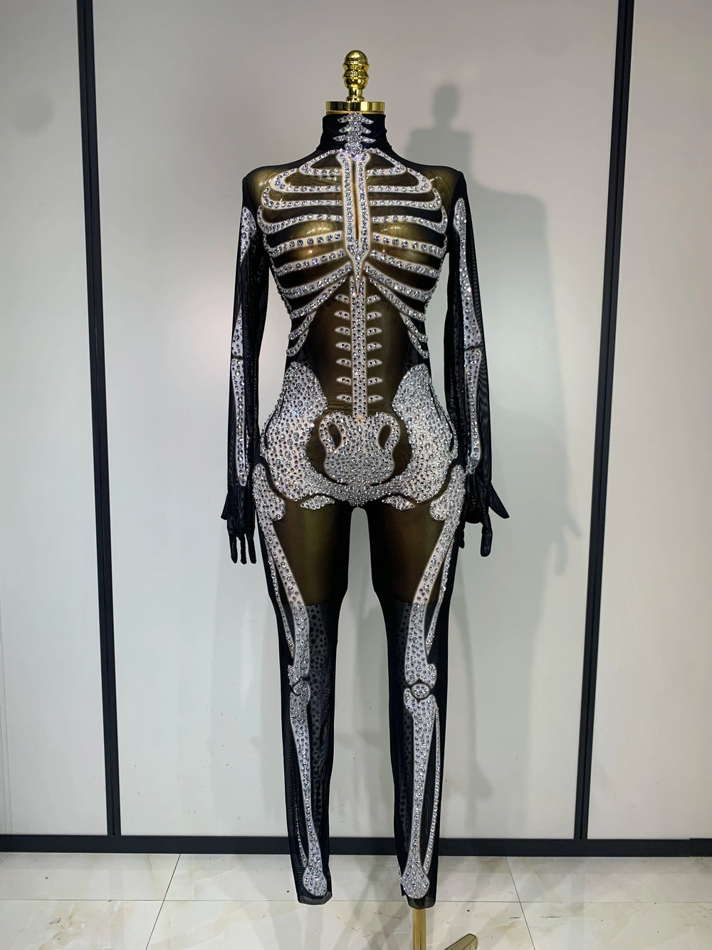Skeleton rhinestone mesh jumpsuit front view