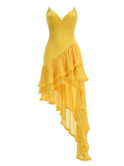 Yellow Ruffled Frill Hem Pearl Strapless Midi Dress