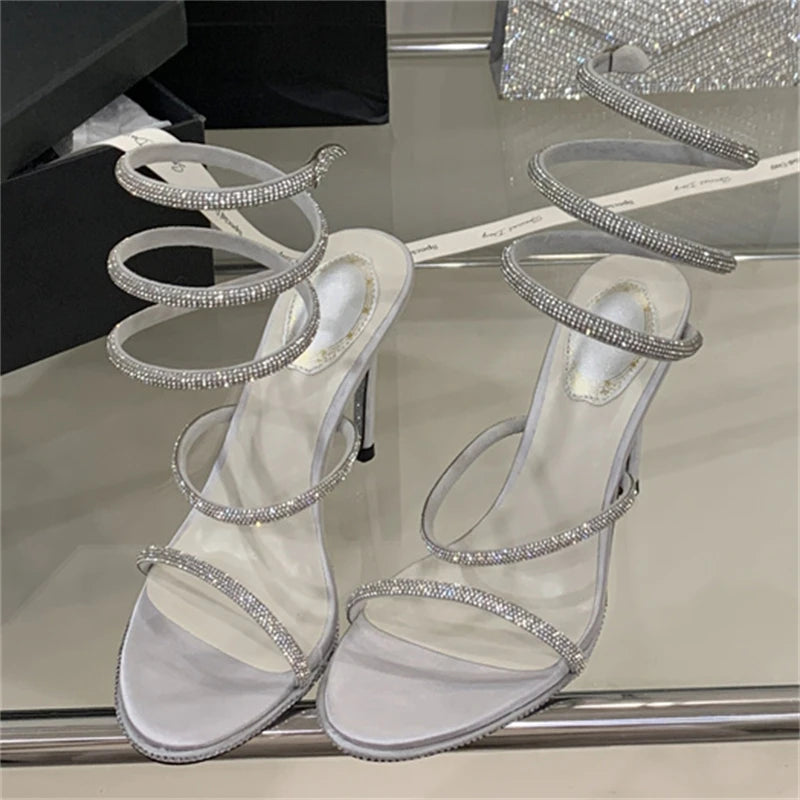 Silver crystal spiral high heel sandals