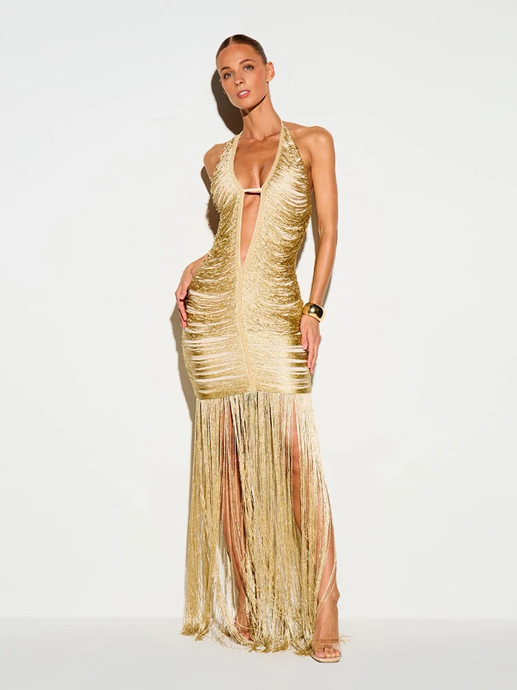 Halter neck fringe maxi dress full length view
