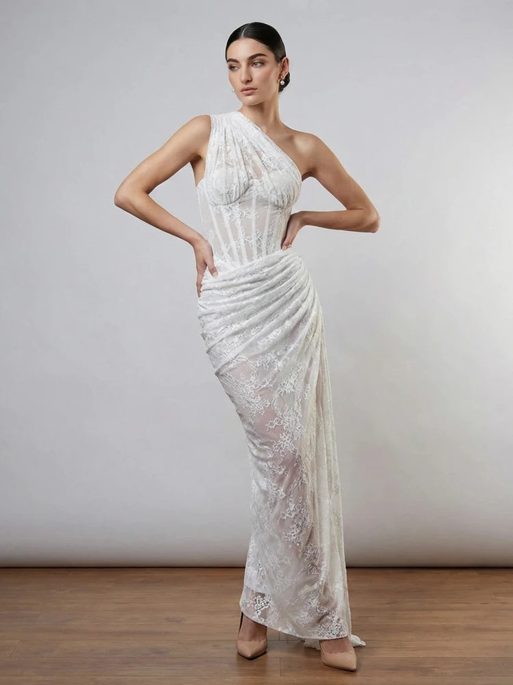 White one shoulder lace maxi dress with draped detail.