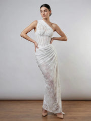 White one shoulder lace maxi dress with draped detail.