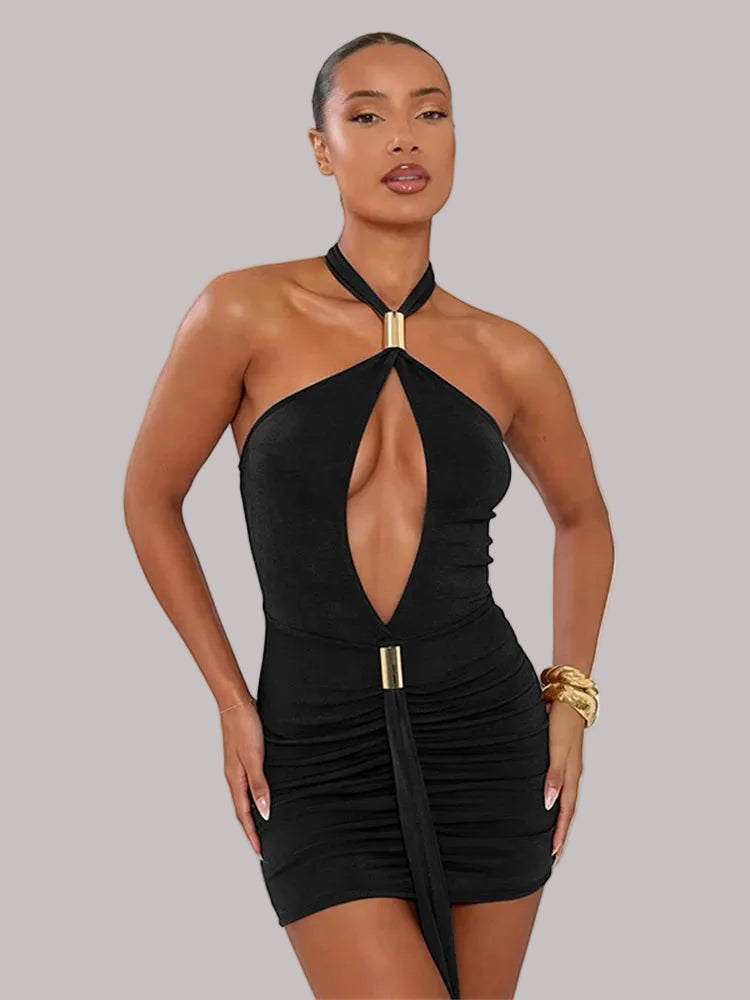 Halter neck cutout ruched black mini dress