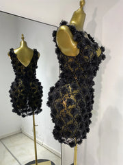 Floral Sequin Appliqué V Neck Mini Dress