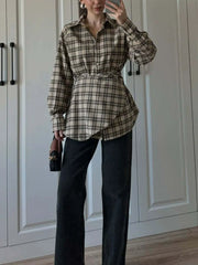Plaid Lapel Collar Belted Shirt