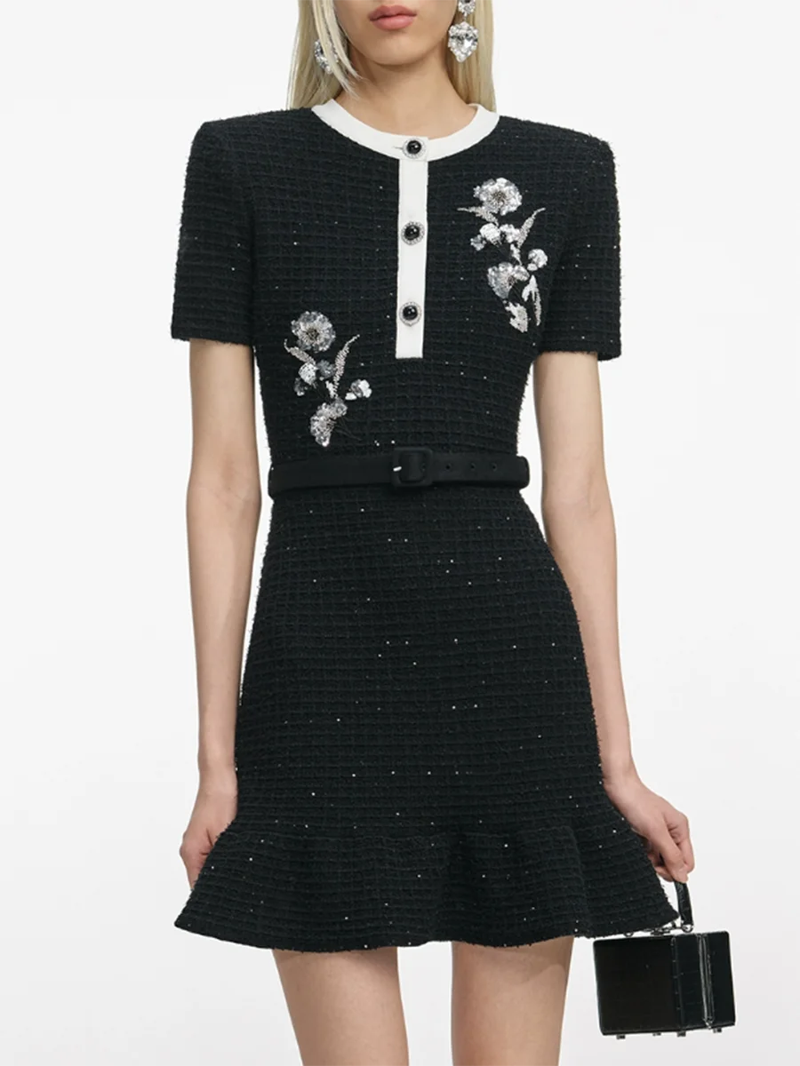 Knitted mini dress with floral embroidery and contrast placket